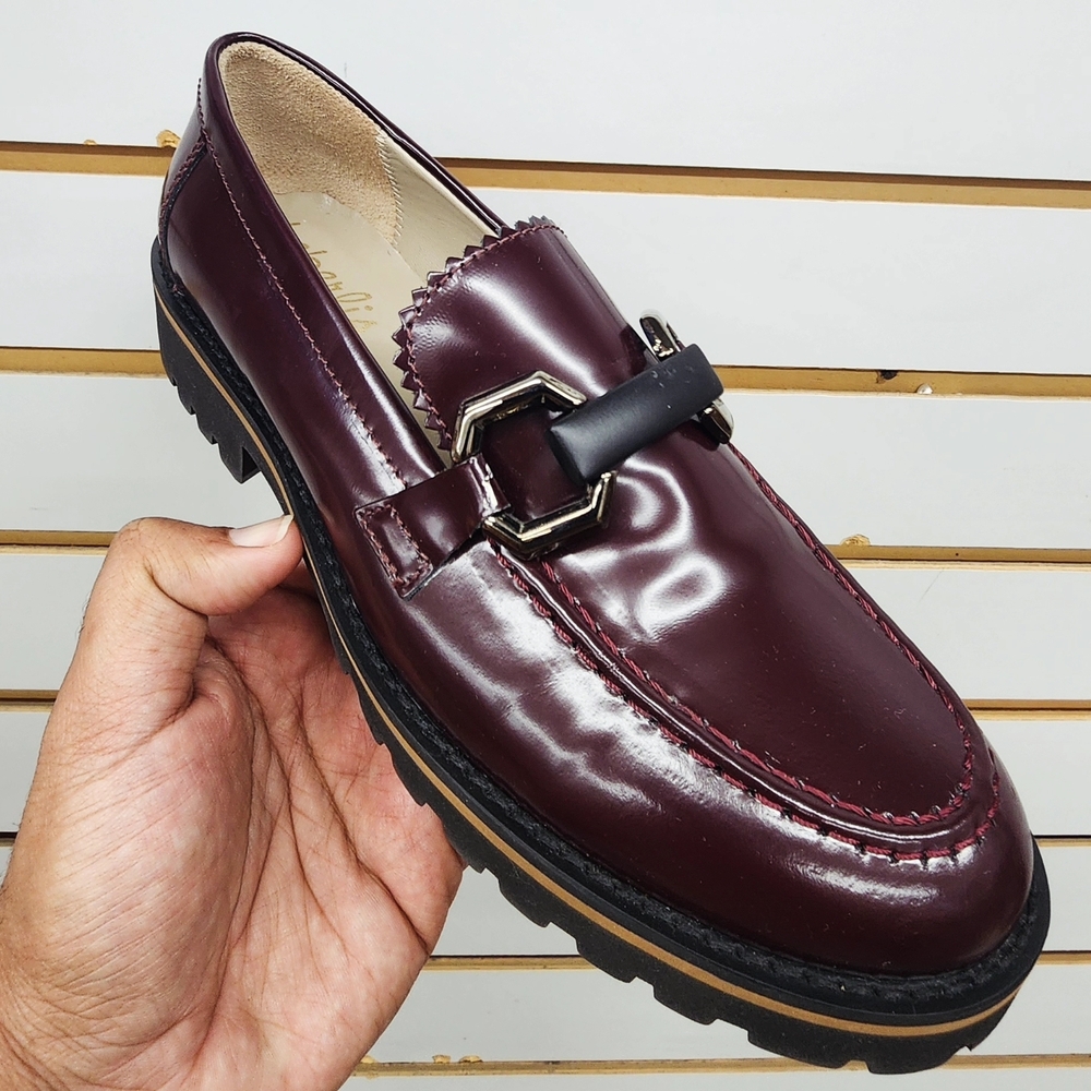 Women's Burgundy/Black/Grey Loafers with Buckle and Penny Detail